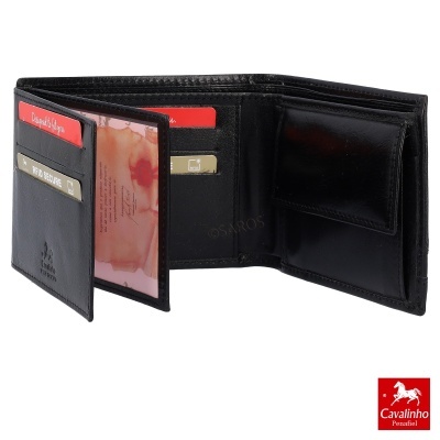 Carteira preta em pele aberta com compartimentos para cartões e porta-moedas