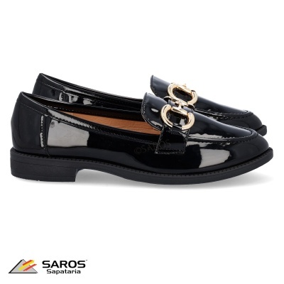Sapatos mocassim femininos verniz preto com fivela dourada
