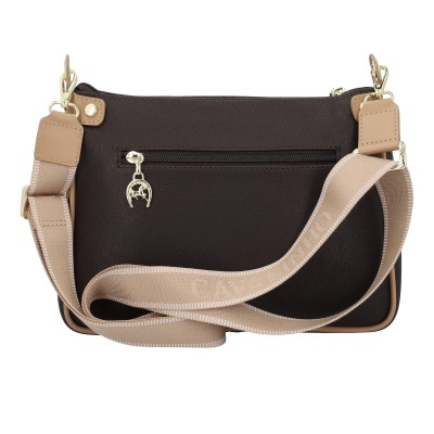 Mala castanha escura com alças bege e fecho dourado