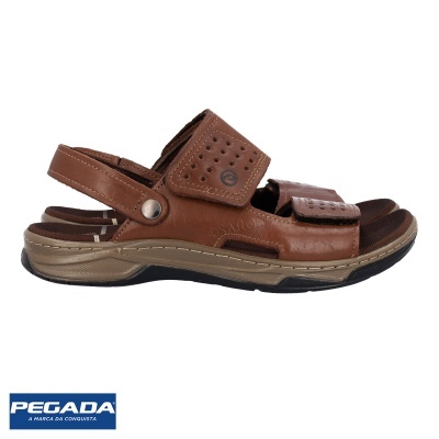 Sandália de pele castanha ajustável com sola bege e preta