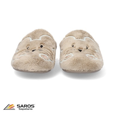Chinelos de pêlo bege com rosto de animal bordado