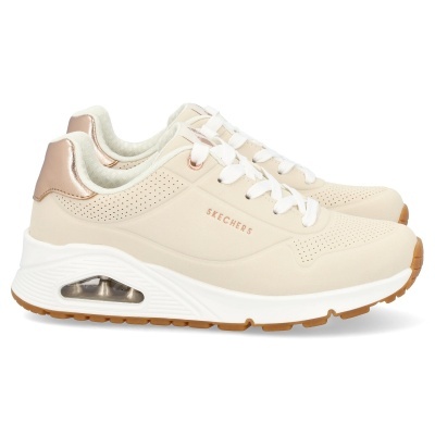 Sapatilhas desportivas bege Skechers com detalhes dourados e sola branca com amortecimento