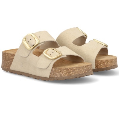 Sandálias tipo birkenstock bege claro com fivelas douradas e sola em cortiça