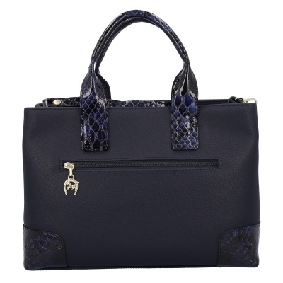 Mala de senhora azul escura com alças e detalhes em padrão pele de cobra
