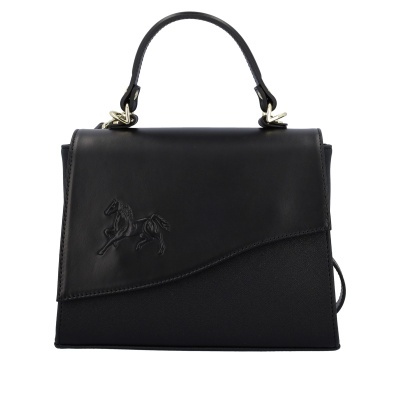 Mala de mão preta com relevo de cavalo e alça curta