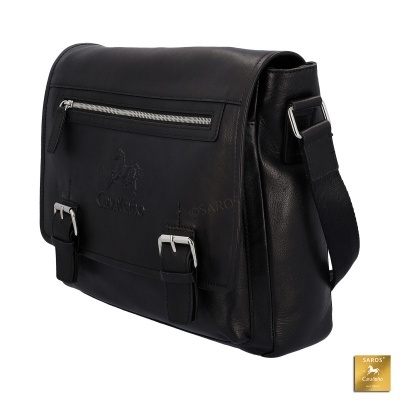 Mala preta de ombro em pele sintética com fechos metálicos e bolso com zíper