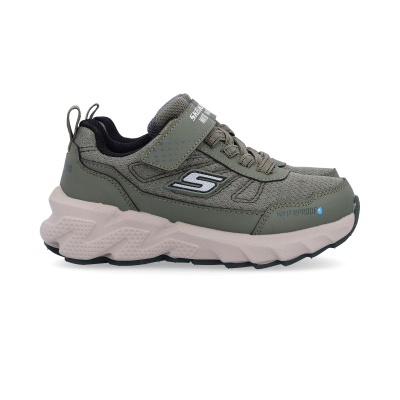 Ténis infantis Skechers cinza esverdeado com sola branca e fivela de velcro.