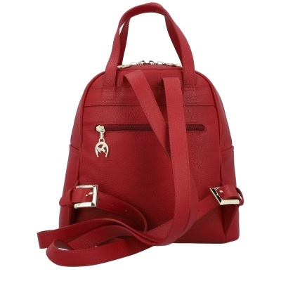 Mochila vermelha pequena com alças ajustáveis e bolso traseiro