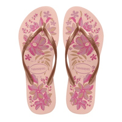 Sandálias havaianas cor de rosa com padrão floral e tiras rosas metalizadas