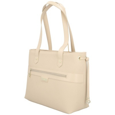 Mala bege com asa dupla e bolso frontal com fecho