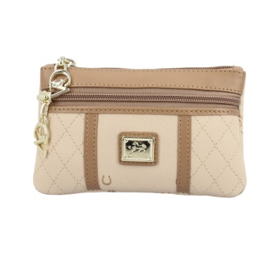 Carteira pequena bege e castanha com fecho de correr e pendentes dourados