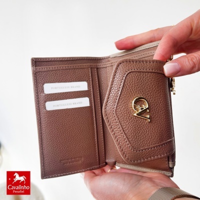 Carteira castanha de couro com fecho dourado e cartões interior