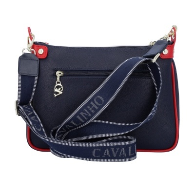 Mala azul escura com detalhes vermelhos e alça com texto Cavalinho