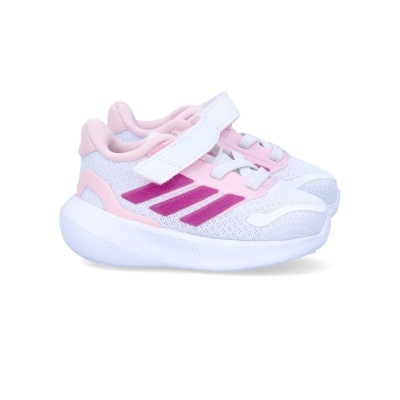 Sapatilhas infantis brancas e rosa com velcro e riscas laterais