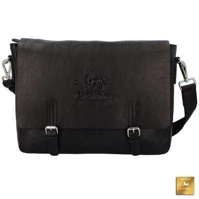 Mala de ombro preta em pele com fivelas metálicas e logótipo Cavalinho