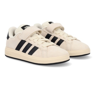 Ténis Adidas bege com riscas pretas, atacadores e tira de velcro