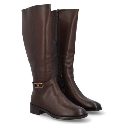 Botas femininas castanho escuro em pele com fivela dourada
