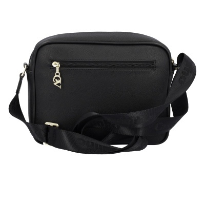 Bolsa tiracolo preta com zíper dourado e alça preta.