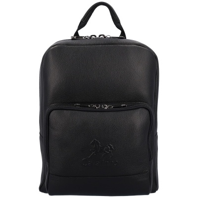 Mochila preta em material granulada com bolso frontal e logótipo em relevo