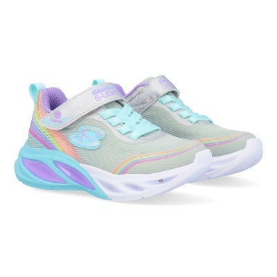 Sapatilhas infantis Skechers S-Lights cinzentas com detalhes coloridos e fecho em velcro