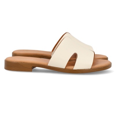 Sandálias slide creme com solado castanho