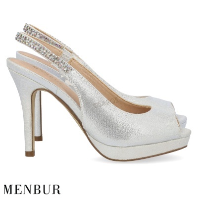 Sapatos de salto alto femininos prata com pedras decorativas Menbur