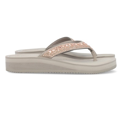 Chinelos femininos bege com pedrinhas cor de rosa e sola cinza claro