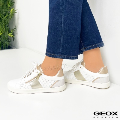 Ténis femininos brancos e dourados Geox Respira com detalhe de fecho lateral