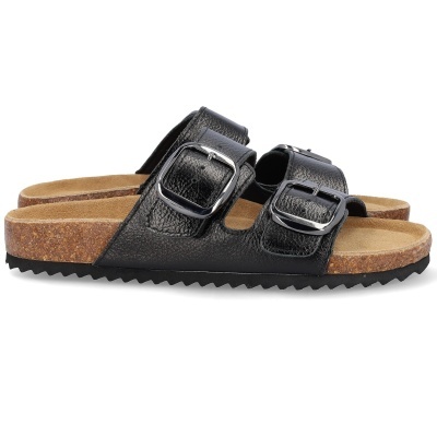 Sandálias pretas com duas fivelas cromadas, palmilha castanha clara, sola preta ondulada