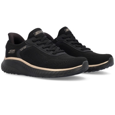 Sapatilhas pretas Skechers Bobs com sola preta e detalhes beje