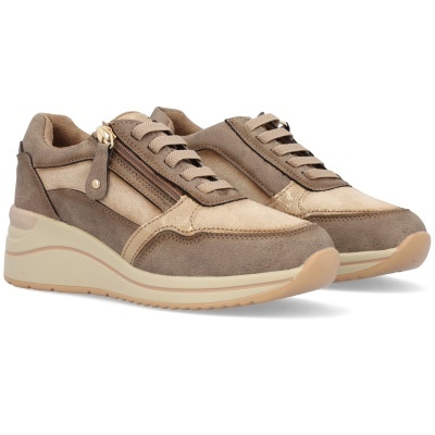 Sapatilhas bege e castanho com fecho de correr lateral e atacadores