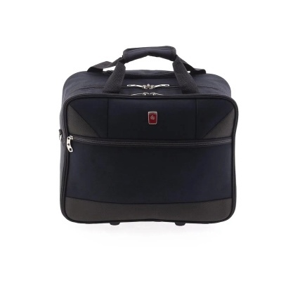 Mala preta de tecido com alças e fechos metálicos