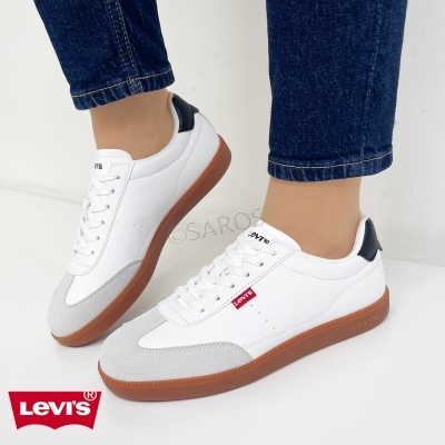 Sapatilhas brancas Levi's com sola castanha e detalhes cinza e preto