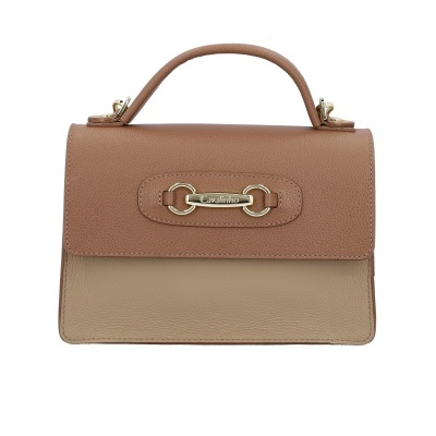 Mala feminina castanha e bege com alça e ferragens douradas