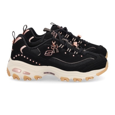 Ténis Skechers pretos com detalhes rosa e sola bege
