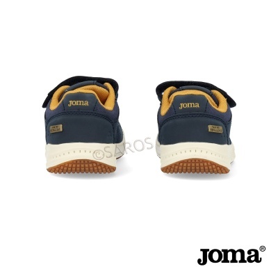 Tênis infantis Joma azul escuro e amarelo vistos de trás