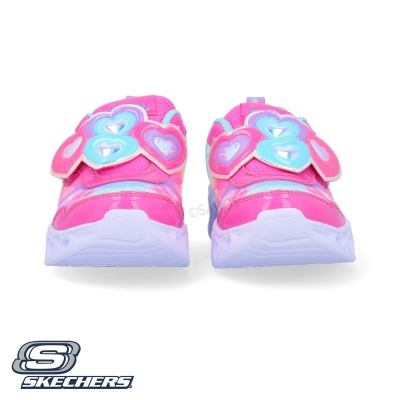 Sapatilhas infantis Skechers rosa com corações coloridos e sola branca
