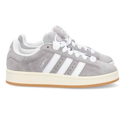 Sapatilhas Adidas Campus cinza com riscas brancas e sola creme