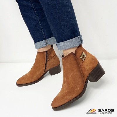 Botins de senhora castanhos em camurça com salto médio em bloco e fecho lateral