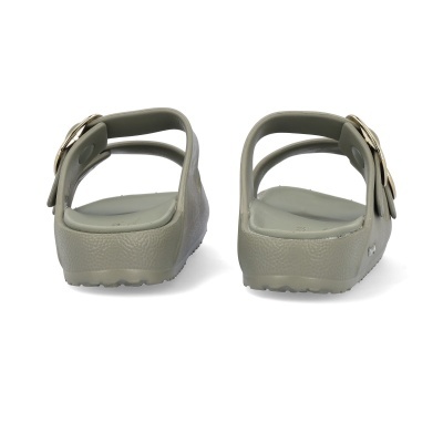 Sandálias cinzentas com fivela metálica dourada vistas de trás