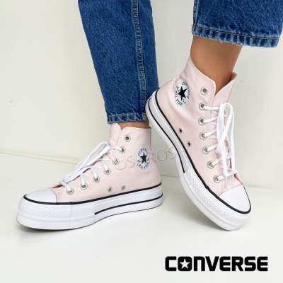 Ténis Converse rosa claro cano alto com sola branca e preta
