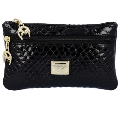 Estojo pequeno preto com textura de pele de cobra e detalhes dourados