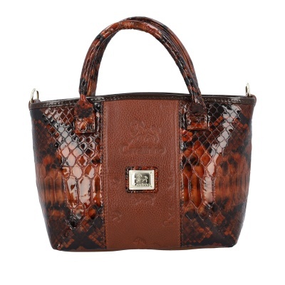 Mala de mão feminina castanha com padrão pele de cobra e emblema dourado