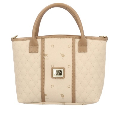 Mala de mão bege com detalhes castanhos e placa metálica Cavalinho