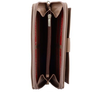 Carteira taupe de pele sintética com fecho e interior vermelho