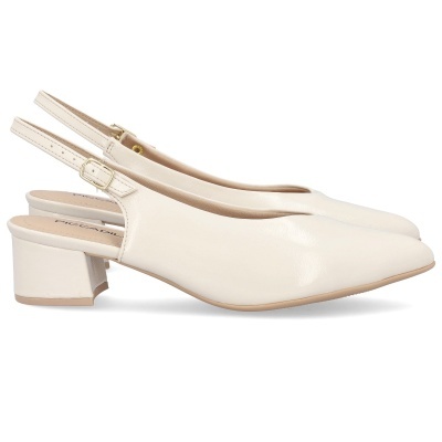 Sapatos femininos de salto baixo bege claro com tira e fivela dourada