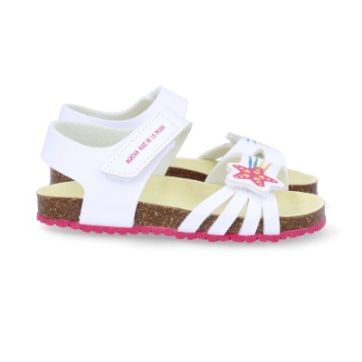Sandálias infantis brancas com sola de cortiça e detalhes cor-de-rosa