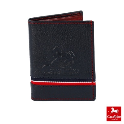 Carteira de pele preta com detalhes vermelhos e faixa tricolor com logótipo Cavalinho