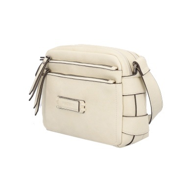 Mala pequena de ombro bege claro com três bolsos e etiqueta MATTHE