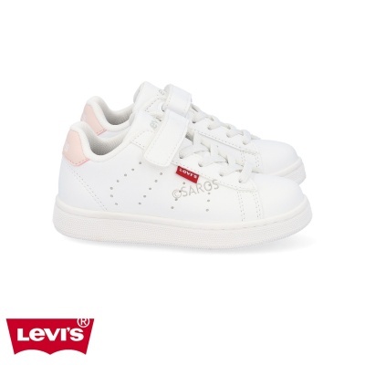 Sapatilhas brancas infantis Levi's com fecho em velcro e detalhes cor-de-rosa